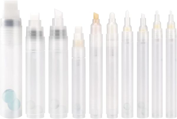 10 Pack Refillable Paint Pen Empty Marker [1mm-15mm], Clear White Acrylic Permanent Empty Paint Marker, Fillable Paint Pens for Rock Painting, Ceramics, Glass, Graffiti, Stone, Art, and DIY