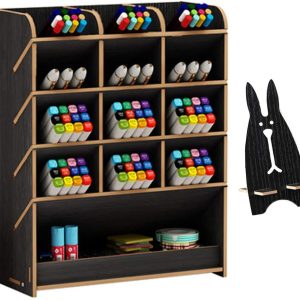 Wooden Pen Organizer, Multi-Functional DIY Pen Holder Box, Desktop Stationary, Easy Assembly, Home Office Art Supplies Organizer Storage with Drawer (B12-Black)