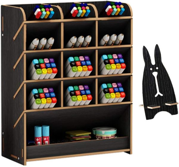 Wooden Pen Organizer, Multi-Functional DIY Pen Holder Box, Desktop Stationary, Easy Assembly, Home Office Art Supplies Organizer Storage with Drawer (B12-Black)