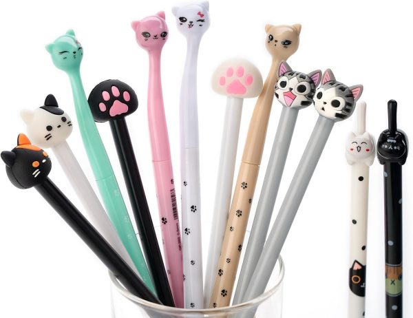 cute cat gel pens,fun kawaii pens set,Animal black ink pens for kids office school supplies,12-Styles…