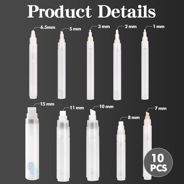 10 Pack Refillable Paint Pen Empty Marker [1mm-15mm], Clear White Acrylic Permanent Empty Paint Marker, Fillable Paint Pens for Rock Painting, Ceramics, Glass, Graffiti, Stone, Art, and DIY