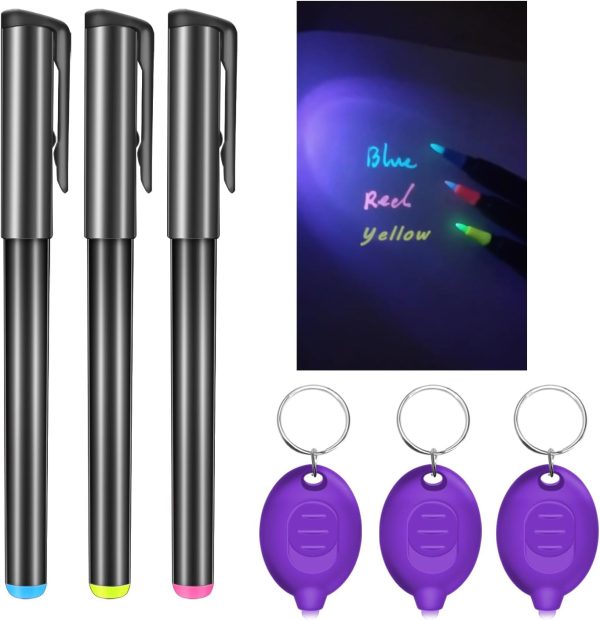 Invisible Ink Pen, Spy Pen with 3 PCS Mini UV LED Keychain Flashlight, Disappearing Ink Magic Pen with Black Light Markers for Secret Notes, Fit for Christmas Halloween Holiday Gifts (3 PCS)