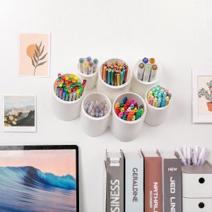 Aesthetic Pencil Holder for Desk, Large Decorative Adhesive Wall-Mounted Pen Organizer with 7 Compartments, Round Marker Case Stand for School Supplies, Office, Home, Art, Stationery (White)