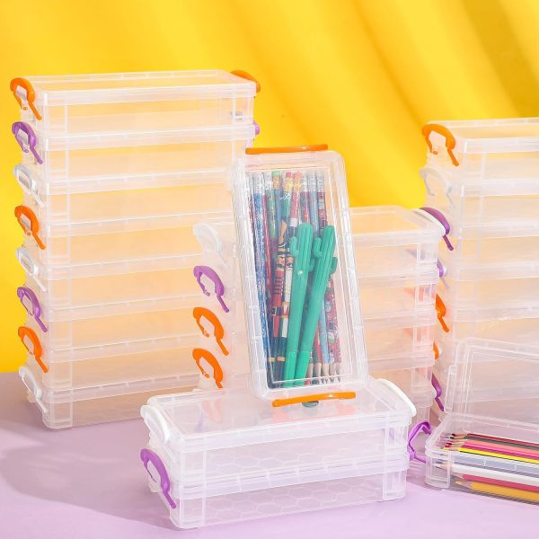 12 Pack Plastic Pencil Box Clear Large Capacity Pen Case Operation Christmas Items Stackable Storage Organizer Box for Office Supplies Marker, 8.46 x 1.65 x 4 Inches (White, Orange, Purple)