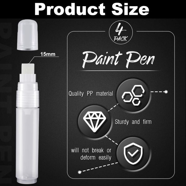 4 Pack White Paint Pens Empty Acrylic Permanent Clear White Marker Pen Fine Point Empty Refillable Markers for Rock Painting Wood Ceramic Metallic Graffiti Paper Drawing(15 mm)