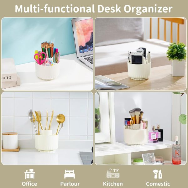 Desk Organizer, 360-Degree Rotating Pen Pencil Holder for Desk, Desk Organizers and Accessories with 5 Compartments Pencil Organizer, Art Supply Storage Box Caddy for Office, Home(Beige)