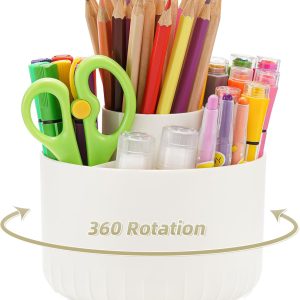 Desk Organizer, 360-Degree Rotating Pen Pencil Holder for Desk, Desk Organizers and Accessories with 5 Compartments Pencil Organizer, Art Supply Storage Box Caddy for Office, Home(Beige)