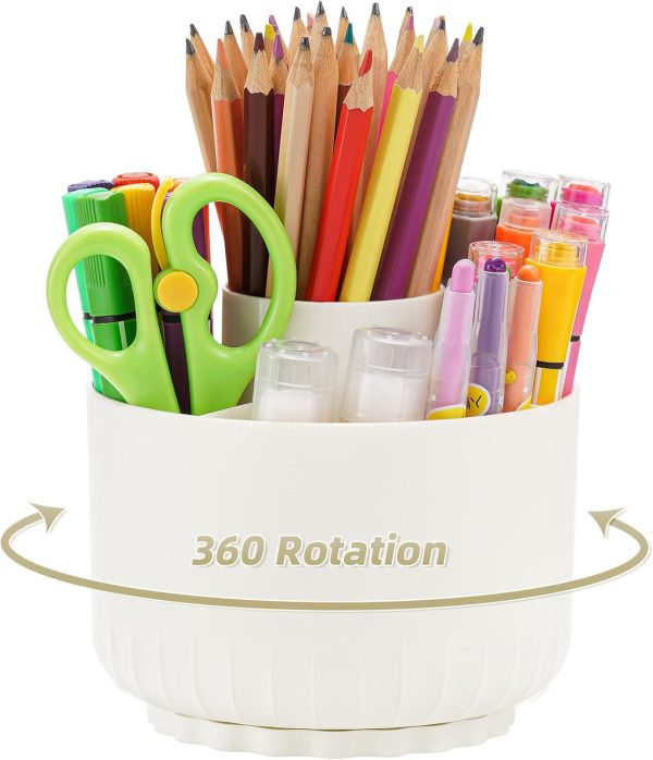 Desk Organizer, 360-Degree Rotating Pen Pencil Holder for Desk, Desk Organizers and Accessories with 5 Compartments Pencil Organizer, Art Supply Storage Box Caddy for Office, Home(Beige)