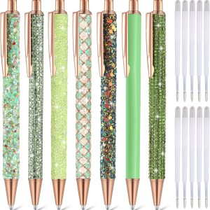 7 Pcs Fancy Pens for Women Cute Sparkly Glitter Pens with 10 Pcs Black Ink Refills Pretty Gifts for Girls Office School Christmas Graduation(Green,Fresh)