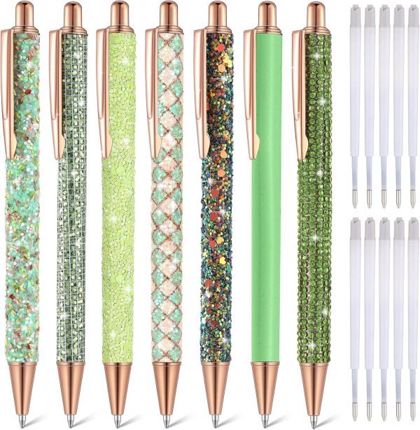 7 Pcs Fancy Pens for Women Cute Sparkly Glitter Pens with 10 Pcs Black Ink Refills Pretty Gifts for Girls Office School Christmas Graduation(Green,Fresh)