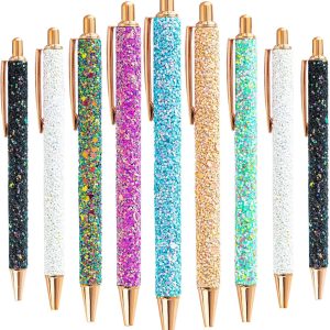 9 Pcs Fancy Pens for Women Glitter Colorful Ballpoint Pens Metal Retractable Pens Black Ink Medium Point 1.0 mm Pretty Cute Sequins Pens Journaling Pens for Women Girls (Classic style)